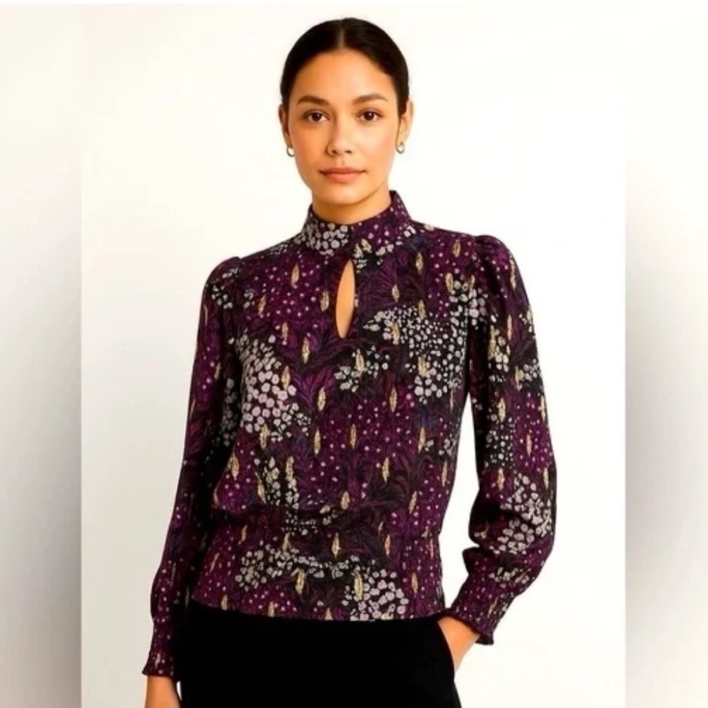 White House Black Market Long Sleeve Floral Metallic Blouson Blouse Purple 10